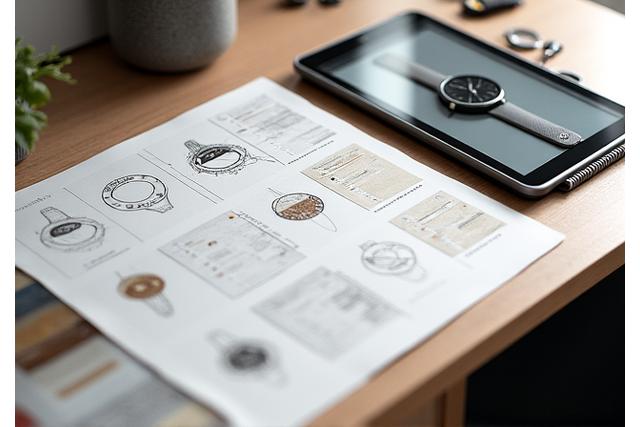 Designer's desk with watch design sketches, mood board elements, and technical drawings, illustrating the creative process.