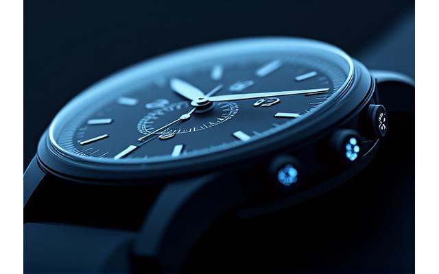 A futuristic, minimalist watch face concept glowing with subtle digital elements, representing innovation in watchmaking.
