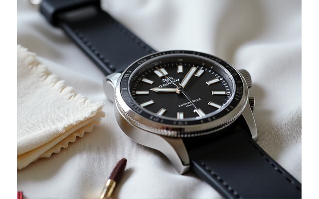 A polishing cloth and a small brush near a luxury watch, indicating watch cleaning and maintenance.