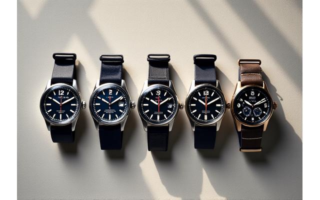 Five different men's watches displayed on a minimalist background, each representing a distinct style like dress, dive, and pilot watches.